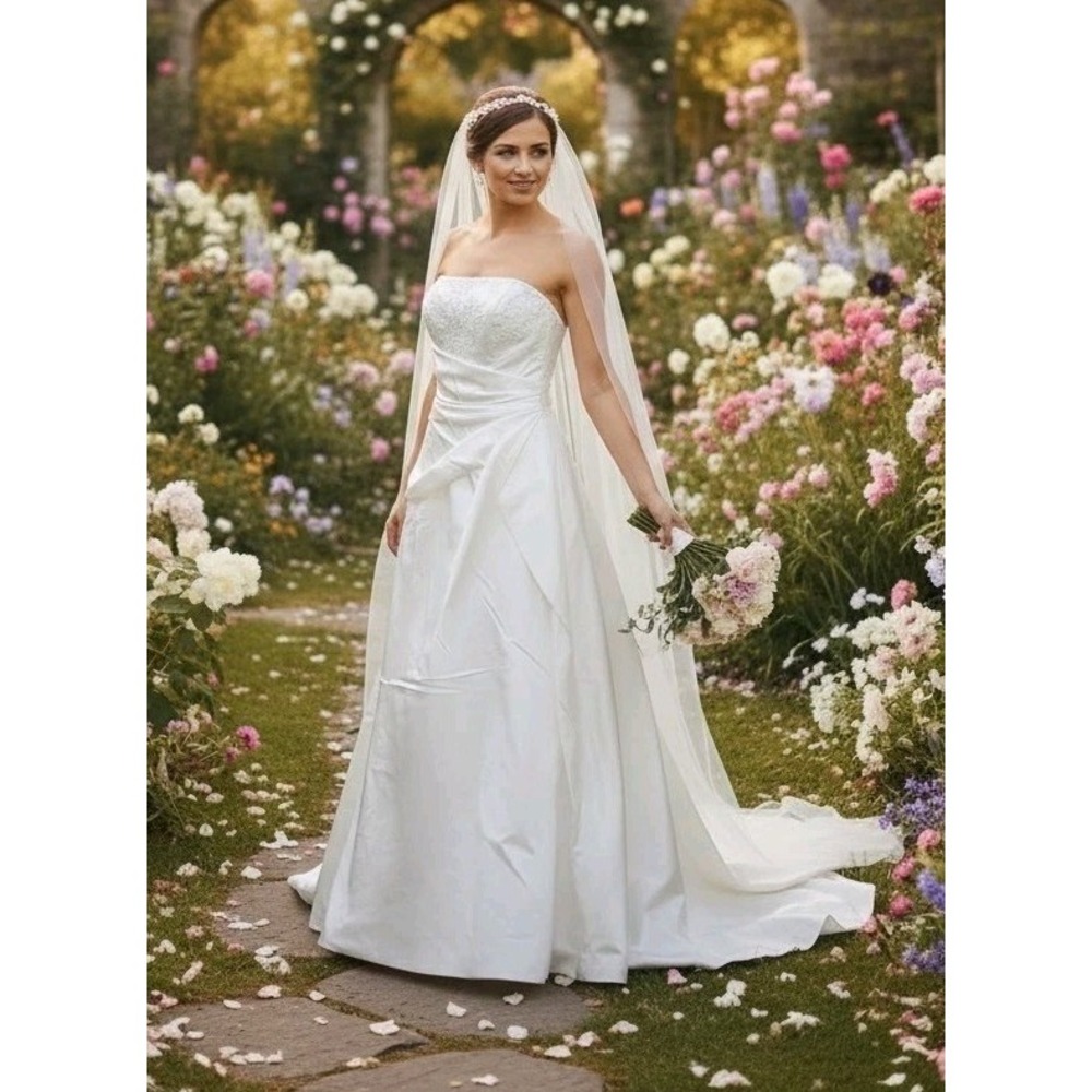 DaVinci‎ Wedding Dress 14 Ivory Satin Silver Beaded Ruched Button Zip Train NWT